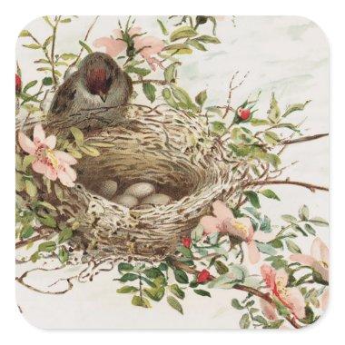 Vintage Bird in Nest Animal Print Square Sticker