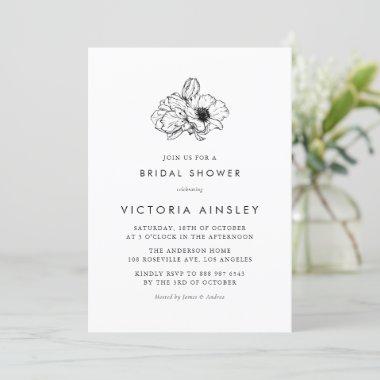 Vintage Black Anemone Floral Bridal Shower Invitations