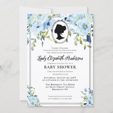 Vintage Blue Florals Regency Society Baby Shower Invitations