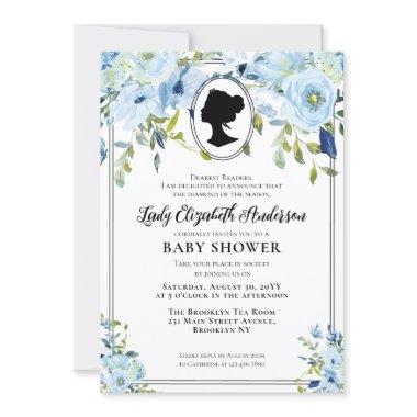 Vintage Blue Florals Regency Society Baby Shower Invitations