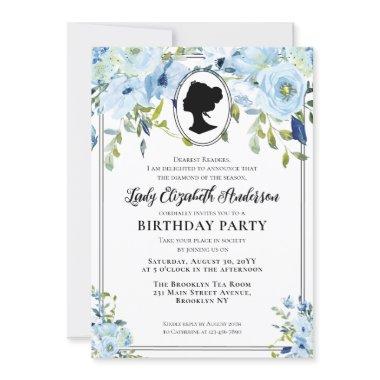 Vintage Blue Florals Regency Society Birthday Invitations