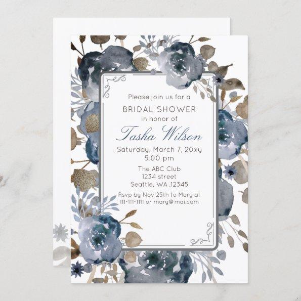 Vintage Blue Gold Floral Botanical Bridal Shower Invitations