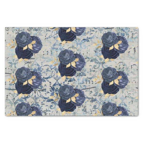 Vintage Blue Gold Floral Damask Pattern Tissue Paper