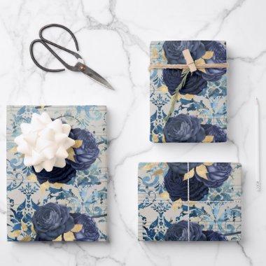 Vintage Blue Gold Floral Damask Pattern Wrapping Paper Sheets