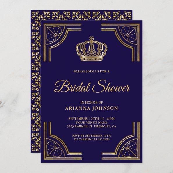 Vintage Blue Gold Ornate Crown Bridal Shower Invitations