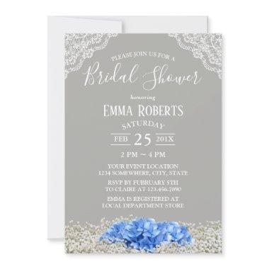 Vintage Blue Hydrangea Baby's Breath Bridal Shower Invitations