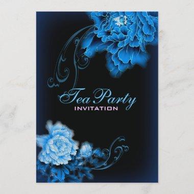 vintage blue peony spring floral Bridal Tea Party Invitations