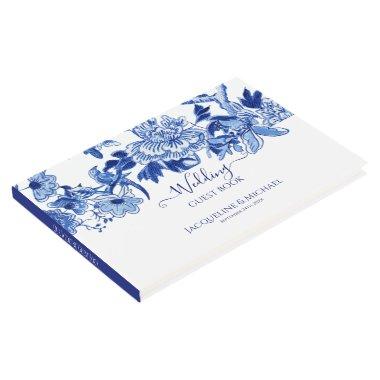 Vintage Blue White Birds Floral n Foliage Asian Guest Book