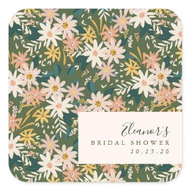 Vintage Boho Flowers Green Custom Bridal Shower Square Sticker