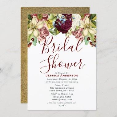 Vintage Botanical Burgundy Gold Bridal Shower Invitations