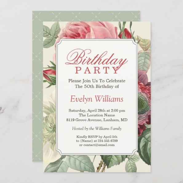 Vintage Botanical Floral Adult Birthday Party Invitations