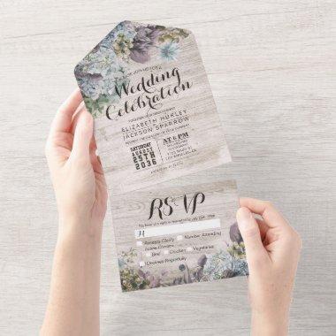 Vintage Botanical Flowers Rustic Wood Wedding RSVP All In One Invitations