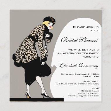 Vintage Bridal Shower Art Deco Woman Leopard Invitations