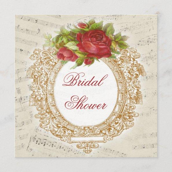 Vintage Bridal Shower Red Rose Frame Music Sheet Invitations