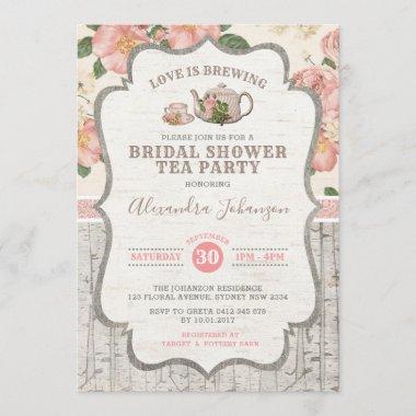Vintage Bridal Shower Tea Party Dusty Pink Floral Invitations