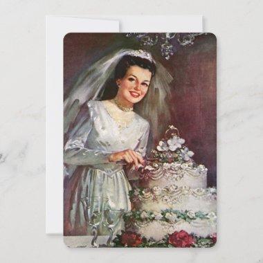 Vintage Bride Cutting Wedding Cake Bridal Shower Invitations