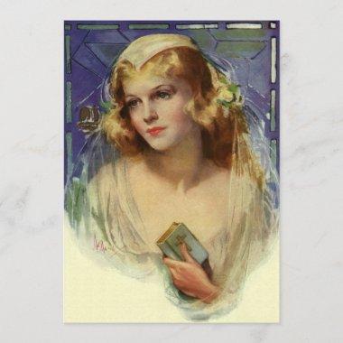Vintage Bride holding a Bible, Bridal Shower Party Invitations