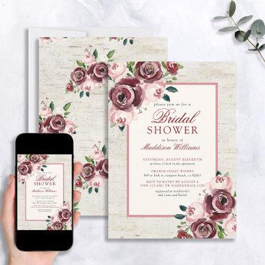 Vintage Burgundy Blush Floral Birch Bridal Shower Invitations