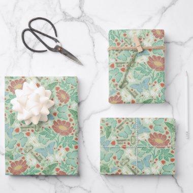 Vintage Butterfly Old Keys White Daisy Wrapping Paper Sheets