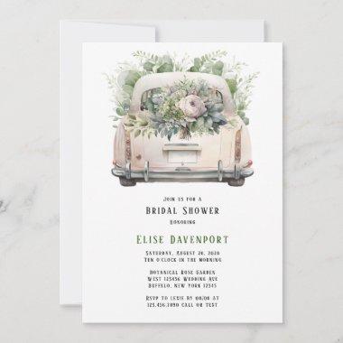 Vintage Car And Peony Florals Bridal Shower Invitations