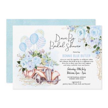 Vintage Car Blue Floral Drive By Bridal Shower Invitations