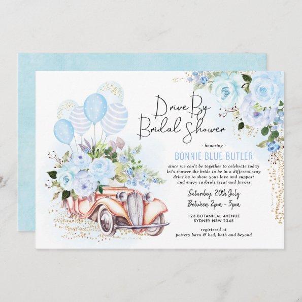 Vintage Car Blue Floral Drive By Bridal Shower Invitations