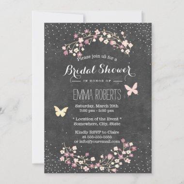 Vintage Chalkboard Butterfly Floral Bridal Shower Invitations