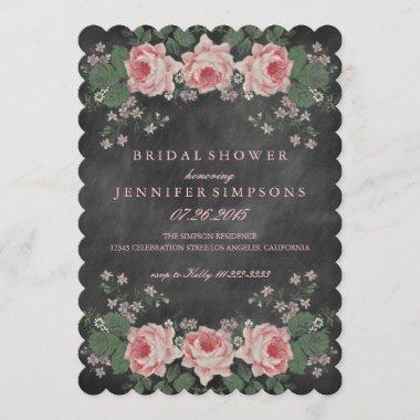 Vintage Chalkboard Floral Rose Bridal Shower Invitations