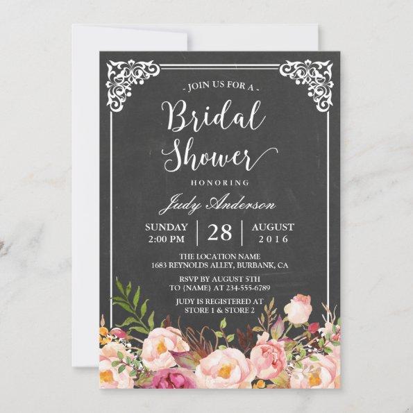 Vintage Chalkboard Frame Floral Bridal Shower Invitations