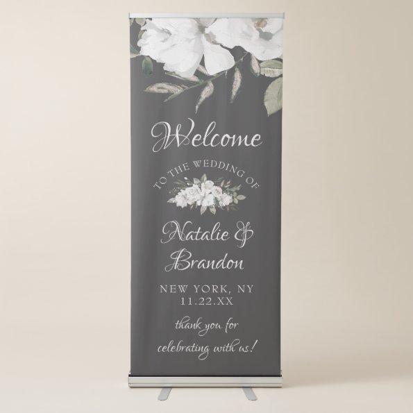 Vintage Cherish White Floral Roses Wedding Welcome Retractable Banner