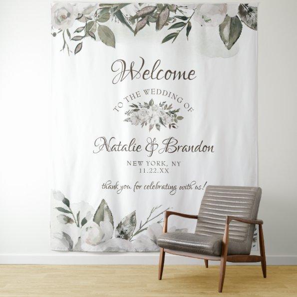Vintage Cherish White Floral Roses Wedding Welcome Tapestry