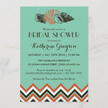 Vintage Chevron Seashells Bridal Shower Invitations