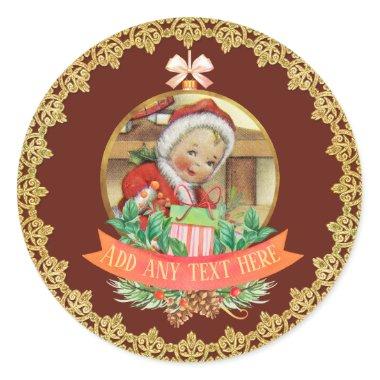 Vintage Christmas Baby Gender Reveal Red Gold Classic Round Sticker