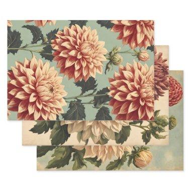 Vintage Classic Pink White Dahlias Botanical Wrapping Paper Sheets