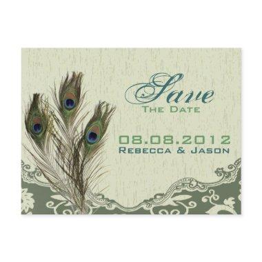 vintage country green peacock save the date announcement post