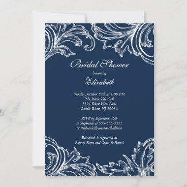 Vintage Damask Bridal Shower Invitations Navy Blue