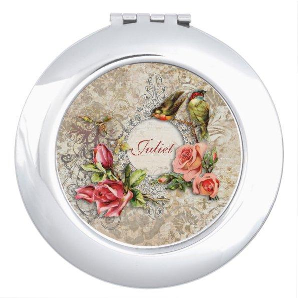 Vintage Damask Rose Personalized Compact Mirror