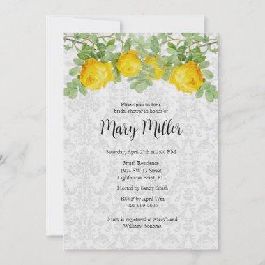 Vintage Damask with Yellow Roses Bridal Shower Invitations