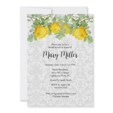 Vintage Damask with Yellow Roses Bridal Shower Invitations