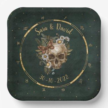Vintage Dark Green Celestial Floral Skull Wedding Paper Plates