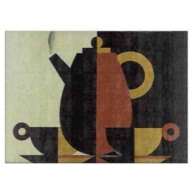Vintage Drinks Beverages Coffee Pot with Cups Cutting Board