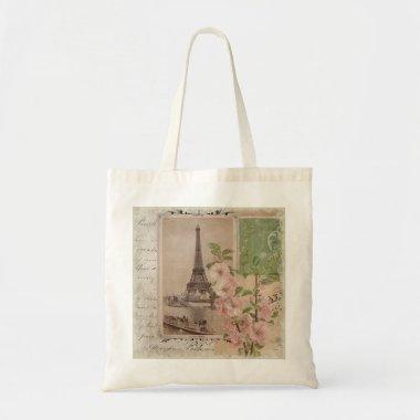 Vintage Eiffel Tower Blush Floral Paris Script Tote Bag