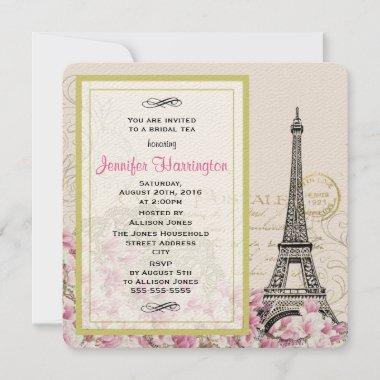 Vintage Eiffel Tower with Pink Flowers Bridal Tea Invitations