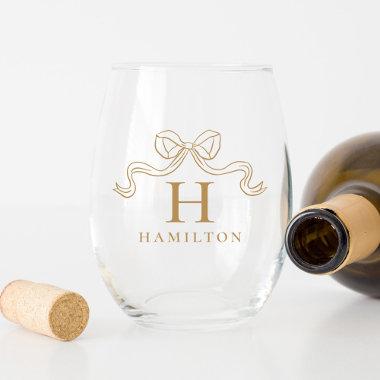 Vintage Elegance Gold Bow Wedding Monogram Stemless Wine Glass