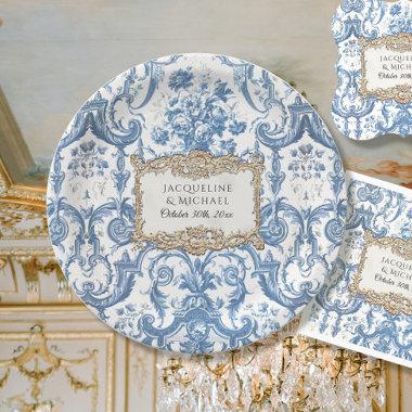 Vintage Elegant Floral Blue and White Gold Bridal Paper Plates