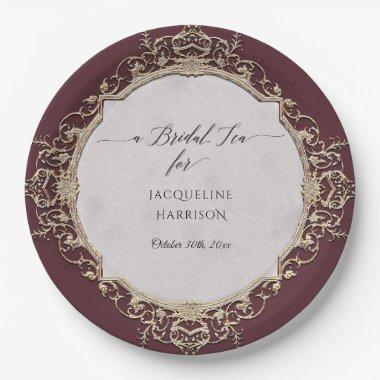 Vintage Elegant Rococo Wine and Gold Bridal Tea Paper Plates