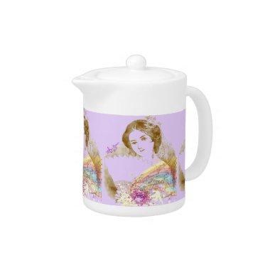 Vintage Fan Lady Purple Porcelain Small Teapot