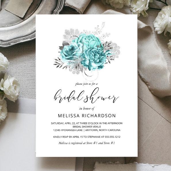 Vintage Floral Aqua Silver