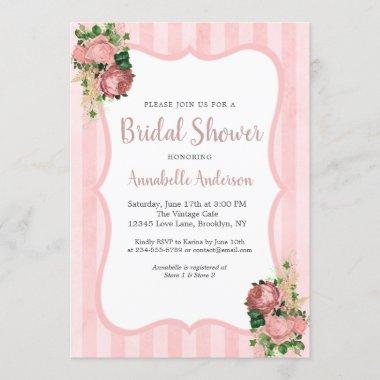 Vintage Floral Blush Pink Stripes Bridal Shower Invitations
