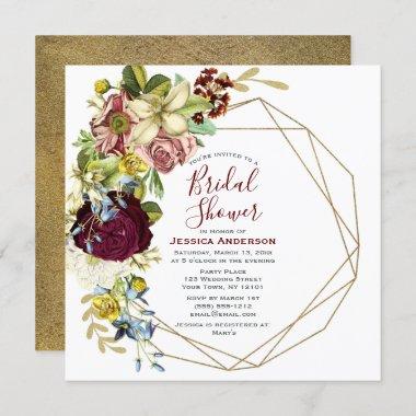 Vintage Floral Botanical Gold Bridal Shower Invitations